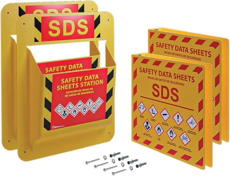 Oshawork مجموعة صفراء للسلامة، 2 عبوة، حافظة بيانات السلامة MSDS SDS ومحطة حائط - متطلبات 2024، حافظة بيانات السلامة SDS الثقيلة 3 بوصة، 3 حلقات، وحامل حافظة MSDS مثبت على الحائط، تشمل أدوات التركيب - Image 1